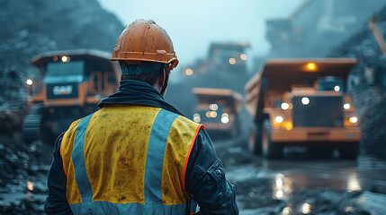Miner in safety vest and hard hat oversees large dump trucks in a quarry