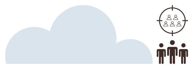 Large cloud representing cloud computing paired with a group icon in a target. Ideal for data management, digital marketing, audience targeting, cloud storage, teamwork, analytics, simple flat