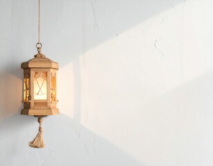 Lit wooden lantern hangs against a textured white wall