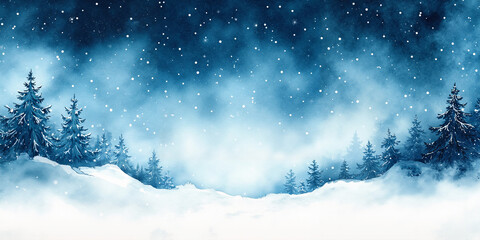 Enchanted winter background with forest night in watercolor style with dark blue snow-covered pine trees and falling snowflakes under starry sky