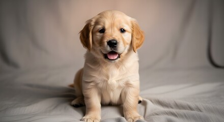 An endearing golden retriever puppy sits for a studio portrait