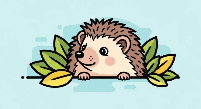 Cute cartoon hedgehog peeking through green leaves on light blue background