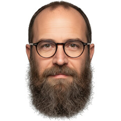 Close up portrait of a bald man with a full brown beard and round glasses looking forward against a transparent background with detailed skin texture and sparkling highlights