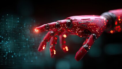 Robotic hand outstretched with glowing lights and digital data. Futuristic, artificial. Close-up view