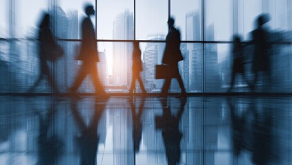 Silhouetted figures walk briskly in a modern office, with city skyline visible outside large windows