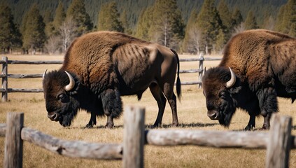 Fototapeta premium Majestic bison grazing calmly in their habitat with a rustic wooden fence and warm sunny day