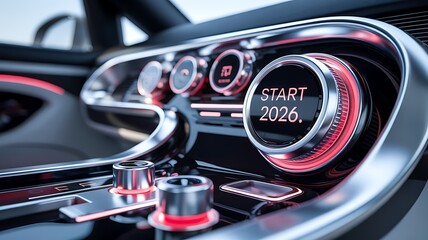 Futuristic luxury car interior with illuminated digital start 2026 button and high-tech dashboard featuring modern metallic controls