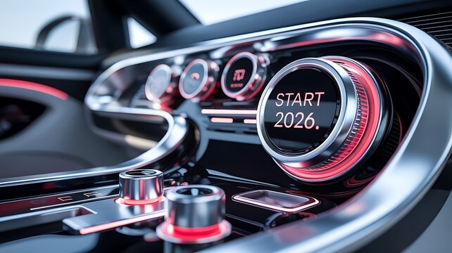 Futuristic luxury car interior with illuminated digital start 2026 button and high-tech dashboard featuring modern metallic controls - Powered by Adobe