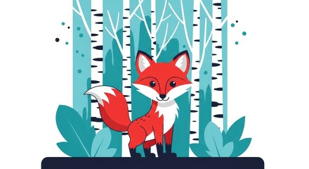 Naklejka premium Cartoon fox in a birch forest with green leaves