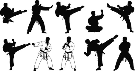 Set of martial arts fighter silhouettes, black vector image of karate and taekwondo men performing kicks, punches, and combat poses, isolated on white background.