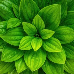 Bright green leaves spiral up from center