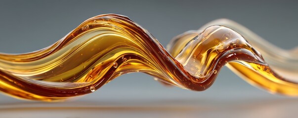 Golden oil flows in a dynamic twisting wave form, a silky abstract liquid motion