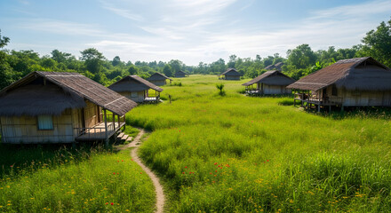 Obraz premium Rustic bungalows nestled in a vibrant green field under a bright, sunny sky.