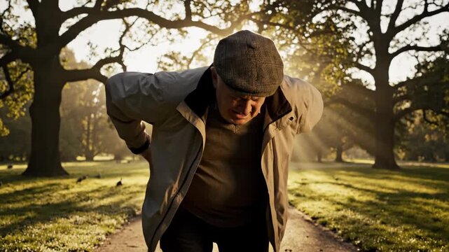 Senior man walking with a cane then experiencing back pain in a park setting, health discomfort footage.