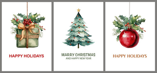 A set of watercolor New Year's and Christmas greeting cards with winter elements. Christmas tree, gift, Christmas ball. Posters, corporate design, invitations. Vector illustration.
