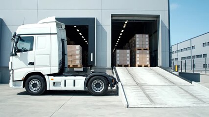 A large white truck is parked at a loading dock with a ramp leading into a warehouse - Powered by Adobe