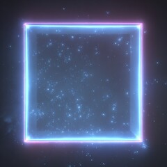Obraz premium Glowing square neon frame with blue light and sparkling particles against a dark background