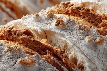 Close-up of white and brown mineral textures with rugged ridges and layered patterns