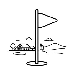 Line art illustration of a golf flag on a green with a clubhouse and hills in the background