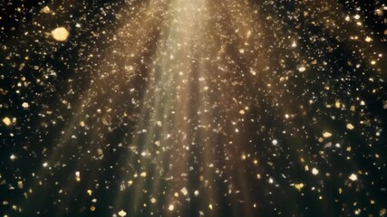 Golden confetti falling in slow motion under spotlight creates magical ambiance for festive celebrations and events with dynamic light rays