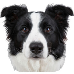 Close-up portrait of a black and white border collie dog with alert brown eyes and intense gaze on a transparent background