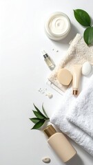 Spa essentials, creams, towel, leaves on a white background