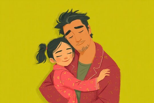 A dad embraces his little girl in a warm, affectionate hug against a bright yellow backdrop - Powered by Adobe