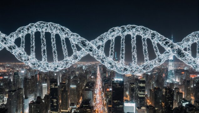 Helix DNA structure abstracted over cityscape - Powered by Adobe