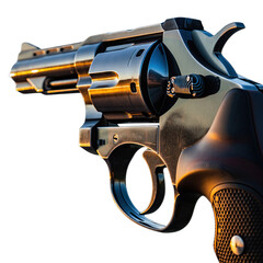 Close up view of a metallic handgun with a wooden grip reflecting warm sunlight on a black background