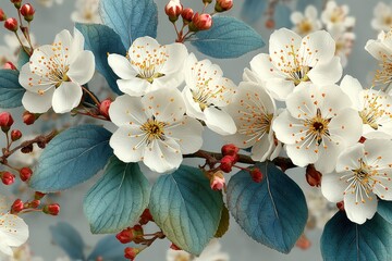 Delicate white blossoms on a branch with blue leaves and red buds in spring