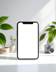 Phone w/ blank screen, plants, camera, on white surface