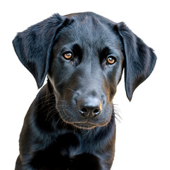 Close up portrait of a black Labrador Retriever puppy with amber eyes and a curious expression isolated on a black background with subtle glitter details