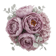Close up view of a round floral arrangement with dusty rose peonies and light pink hydrangea adorned with silver eucalyptus leaves against a transparent background