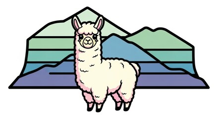 Obraz premium Cartoon alpaca with colorful mountain background