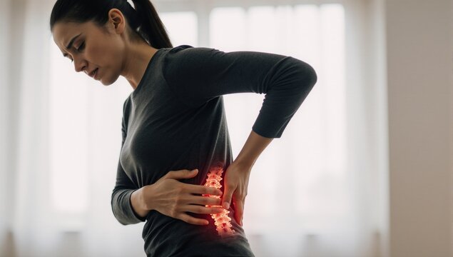 Woman clutching back due to spine pain