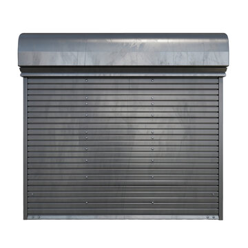 Close up view of a weathered metallic security roller shutter door with horizontal slats in a neutral gray tone on a transparent background with realistic texture and subtle reflections