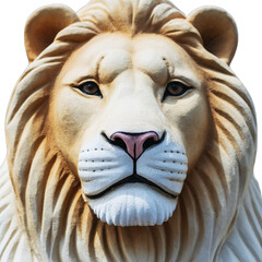 Close Up Portrait of a Majestic White Lion Sculpture with Detailed Mane and Stern Expression Facing Forward Against a Plain Background