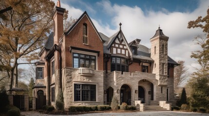 Fototapeta premium Grand Luxury Estate House Featuring Traditional Brick and Stone Architecture under Blue Sky