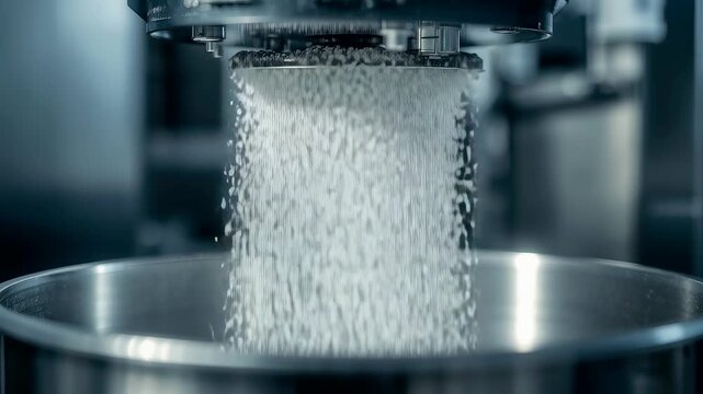 Industrial machine releasing small plastic pellets into a stainless steel container inside a modern manufacturing facility with precise automated processing