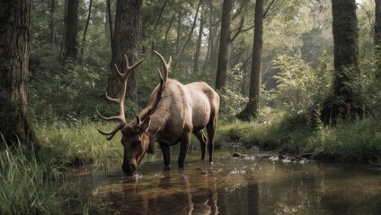 Fototapeta premium Majestic Elk Drinks Water in a Lush Forest Stream.