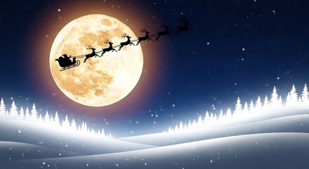 Santas silhouette soars across a luminous full moon, his sleigh pulled by reindeer, casting a magical glow over a snowy winter wonderland landscape