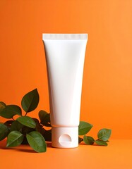 White tube with green plant on orange background