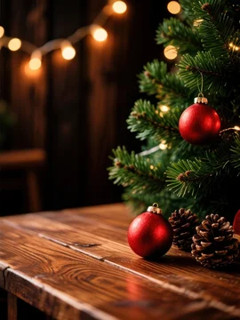 Festive Wooden Table with Ornaments and Warm Bokeh