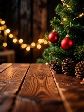 Christmas Decor on Wooden Surface with Soft Lights