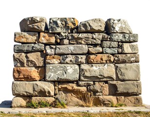 Fototapeta premium Close-up of a weathered stone wall, possibly part of ancient construction, isolated on a white background