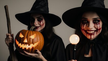 Fototapeta premium Young woman in witch costume with bloody tears makeup holding a jack-o-lantern pumpkin