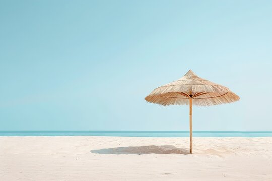 A tranquil beach offers a stunning view with soft white sand and a lone straw umbrella providing shade. The clear blue sky stretches above the peaceful ocean waves - Powered by Adobe