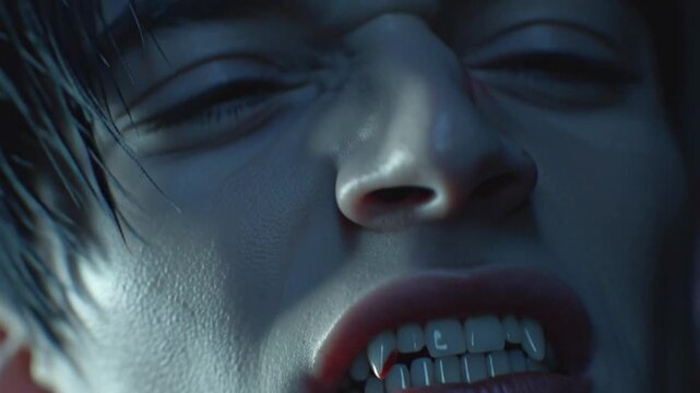 Vampire Fangs Dripping Red Blood in Dark Closeup