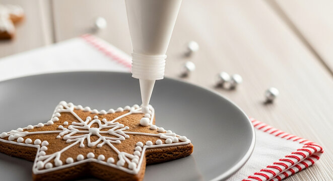Icing being applied on gingerbread cookie star, festive baking and holiday decoration