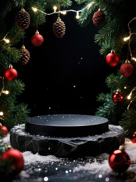 Festive Black Platform with Ornaments and Pine Cones